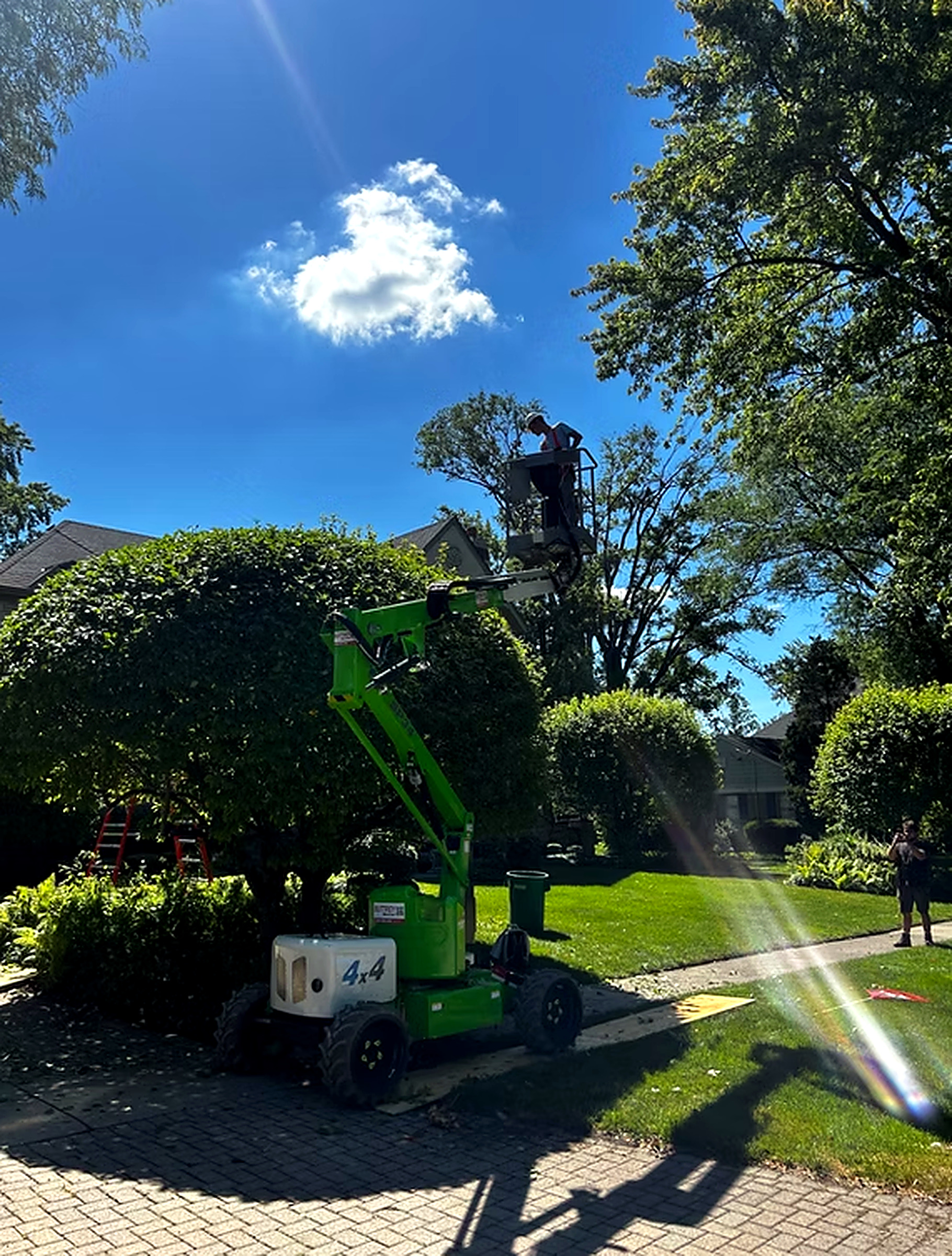 Crew trimming trees and hedges from a boom lift