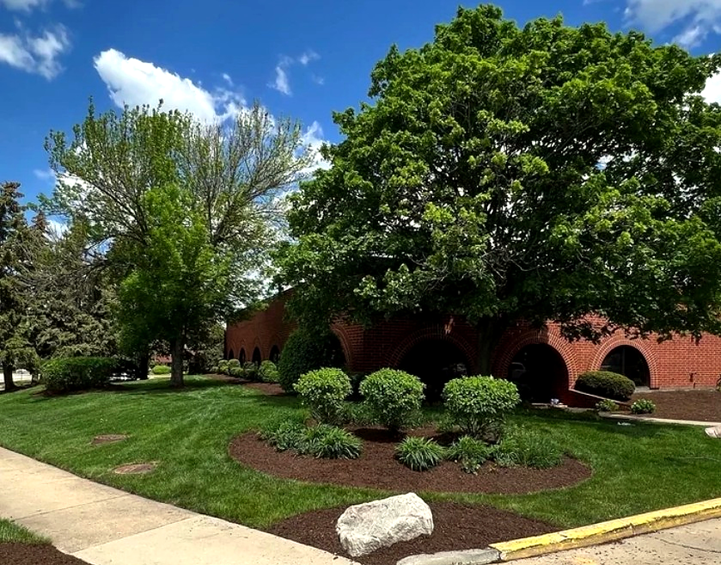 Commercial property lawn and circular planting beds