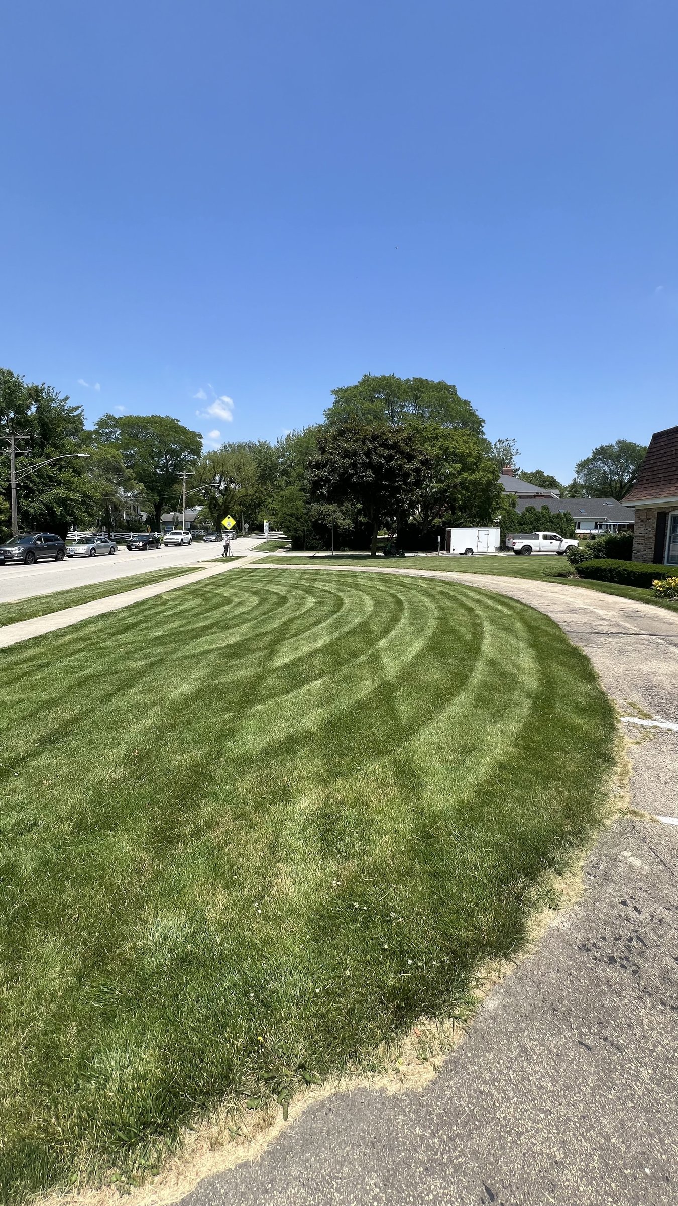 Corner-lot lawn with curved mowing stripes along the street